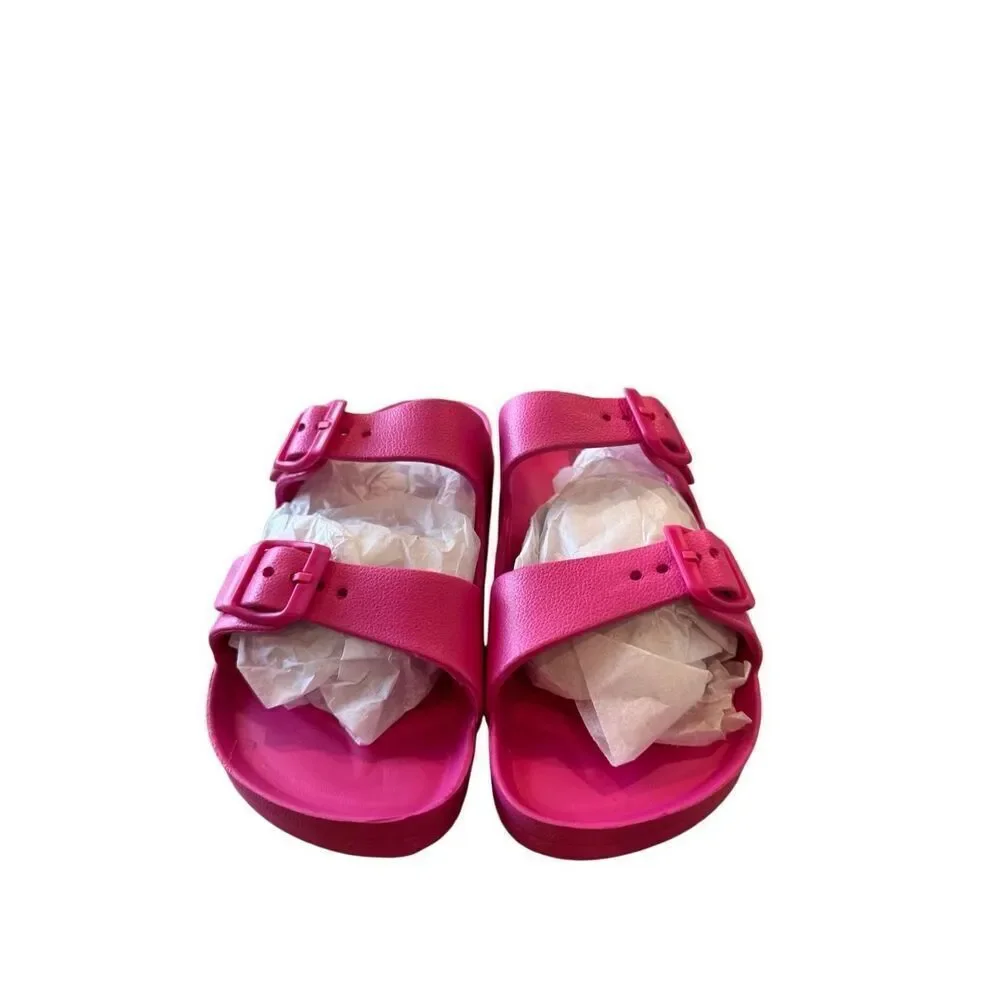 NWT Prettylittlething Rubber Buckle Footbed Sandals Bright Pink Size 7 Wide